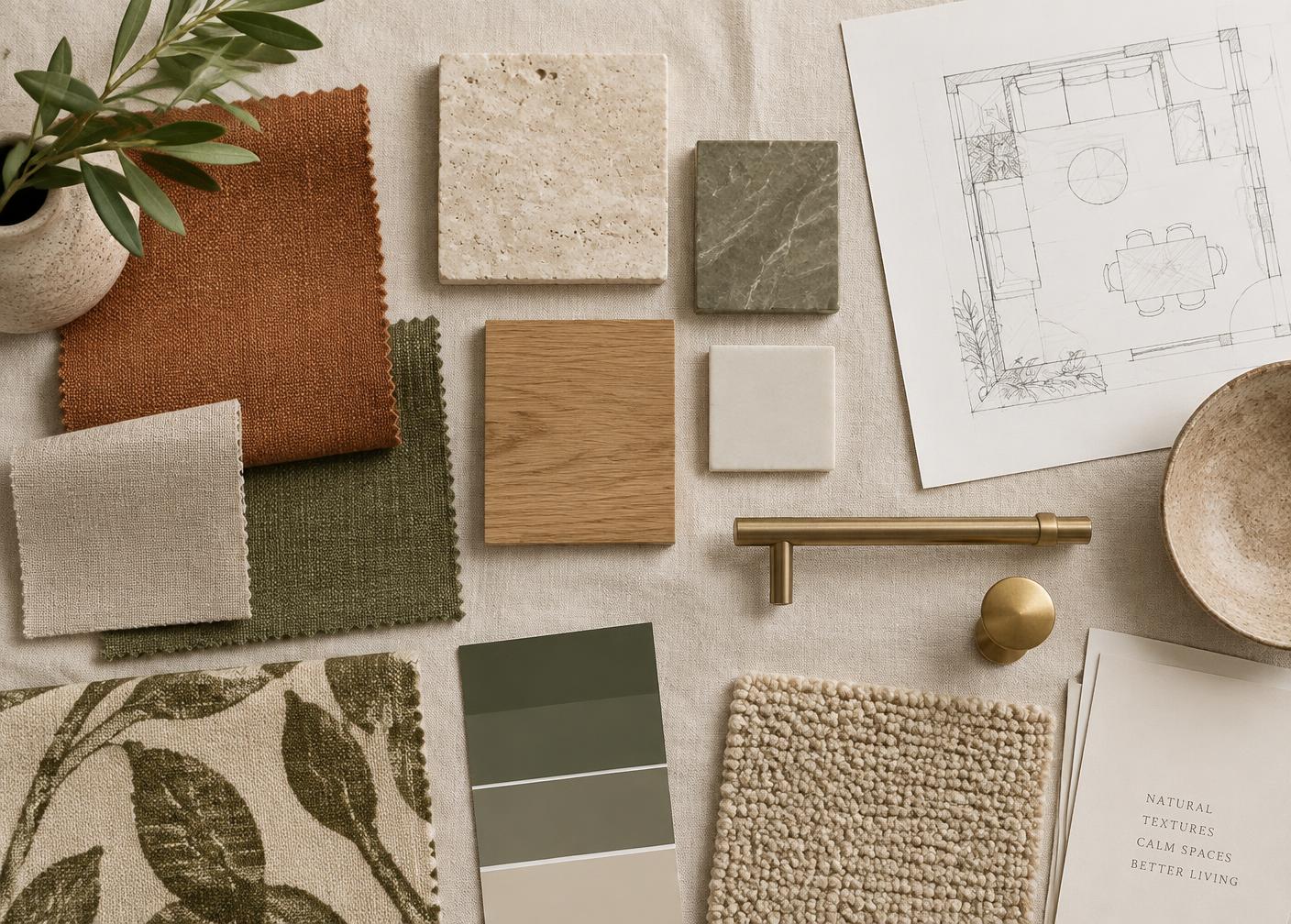 Material palette with fabric, stone, oak and brass samples